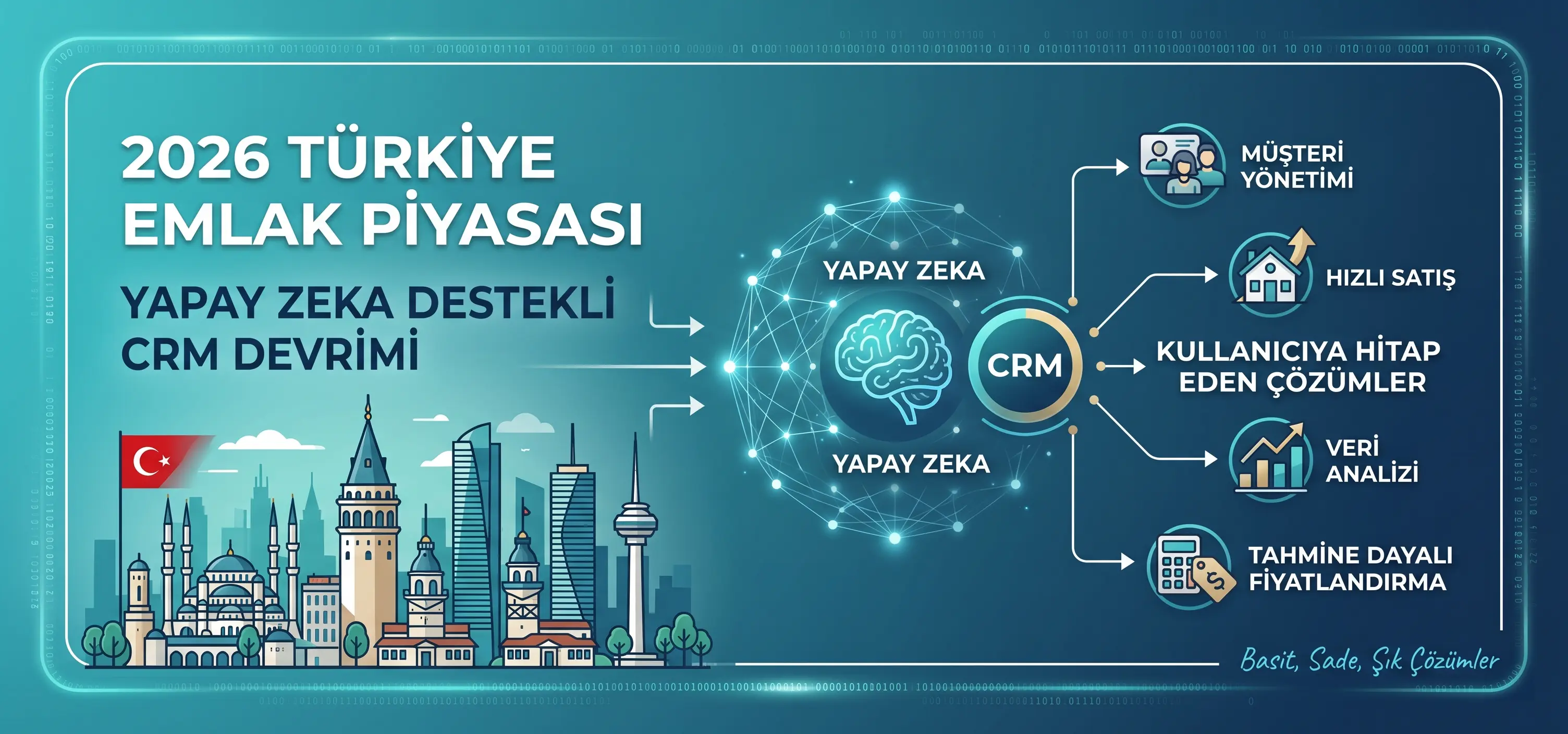 2026 Türkiye emlak piyasasını ve yapay zeka destekli CRM çözümlerini anlatan infografik; müşteri yönetimi, hızlı satış, veri analizi ve tahmine dayalı fiyatlandırma özellikleriyle modern emlak yönetimi.