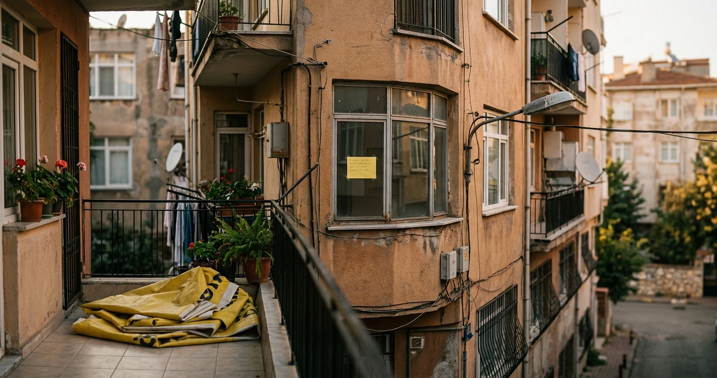 Satılık afişi asılmış apartman camı ve katlanmış branda