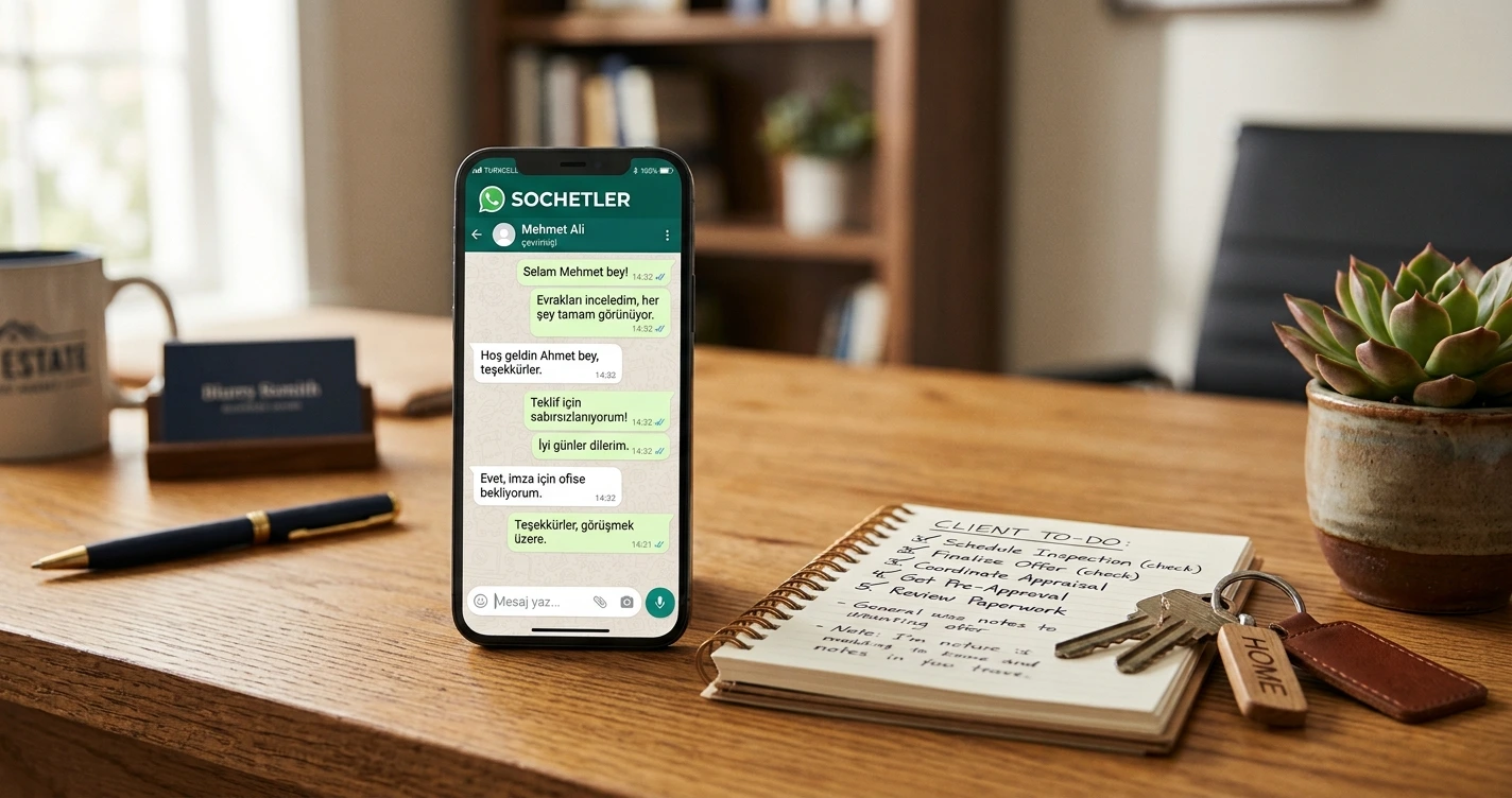 Emlakçı WhatsApp mesaj şablonları: telefon ekranında müşteri yazışması